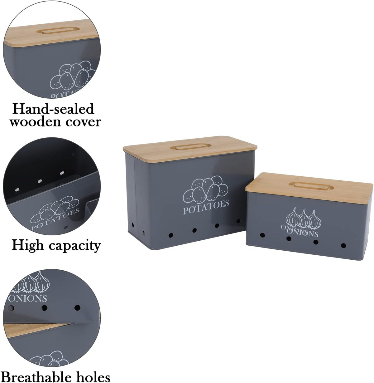 Potato Onion Storage Box, Food Container Sets, Storage Canisters for Vegeatables, Set of 2 Jars Pots Containers, Potato & Onion Bin with Aerating Tin Storage Holes & Bamboo Lid-Gray