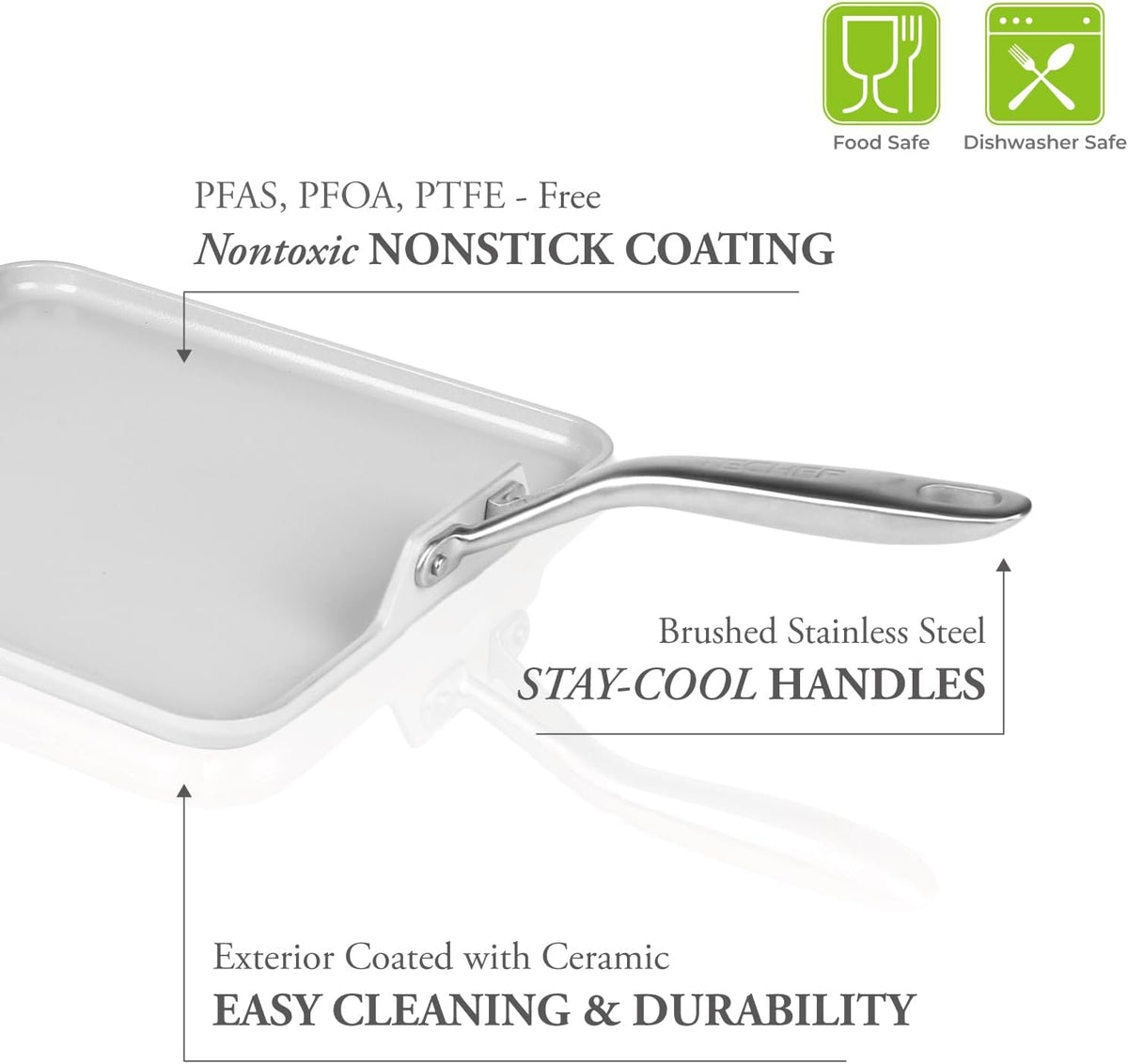 TECHEF - CeraTerra Ceramic Nonstick Square Griddle Pan (PTFE and PFOA Free Ceramic Exterior & Interior), Oven & Dishwasher Safe, Made in Korea, Grey/Silver (Griddle Pan)