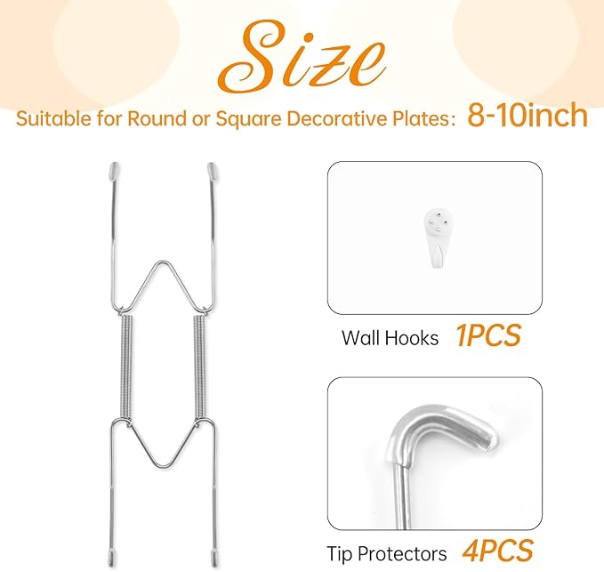 Plate Hangers for The Wall, Suitable for 8-10 inch Decorative Plate, Stainless Steel Wire Plate Holder with Wall Hooks and Rubber tip Protectors, Plate Hangers for Displaying Plates, Platter, Silver