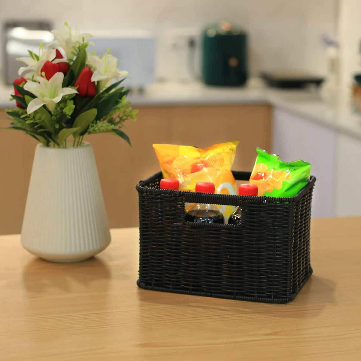 HOONEX Large Wicker Baskets for Storage, Woven Plastic With Dual Handles, Set of 3, Black
