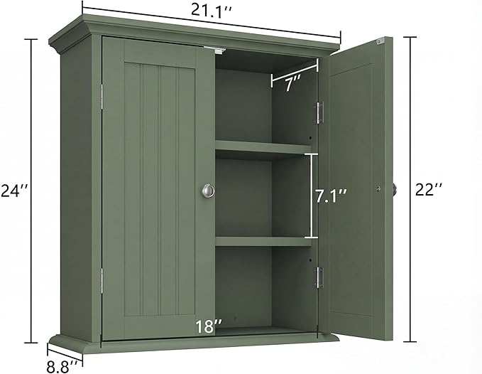 ChooChoo Bathroom Wall Cabinet, Over The Toilet Space Saver Storage Cabinet, Medicine Cabinet with 2 Door and Adjustable Shelves, Cupboard, Green