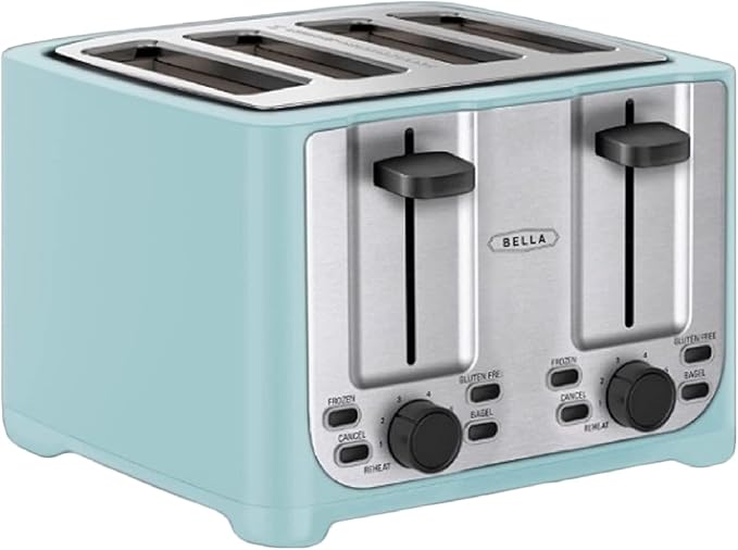bella 4 Slice Toaster with Auto Shut Off - Extra Wide Slots & Removable Crumb Tray and Cancel, Defrost & Reheat Function - Toast Bread & Bagel, Stainless Steel and Aqua