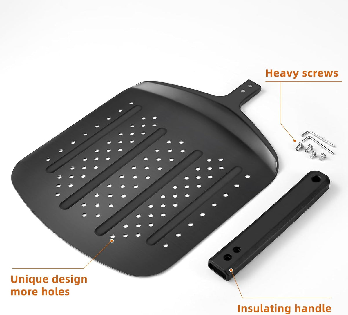 MANJIA Perforated Pizza Peel Aluminum 12 Inch Pizza Paddle Spatula Non-stick Metal Pizza Paddle with Rocker Cutter (12"x 14") Pizza Spatula Paddle Set for Family Homemade Baking Pizza Oven (black)