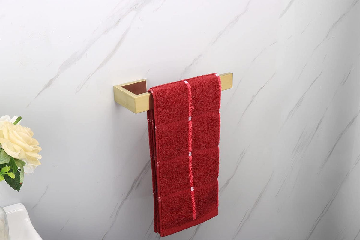 TocTen Hand Towel Holder/Towel Ring - Thicken SUS304 Stainless Steel Bathroom Hand Towel Hanger, 9 Inch Heavy Duty Wall Mounted Towel Rack, Square Hand Towel Bar for Bathroom Hardware (Gold, 9 in)
