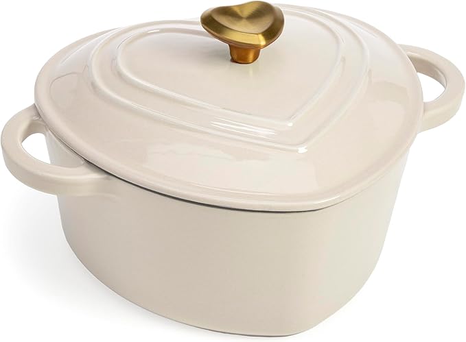 Paris Hilton Enameled Cast Iron Dutch Oven Heart-Shaped Pot with Lid, Dual Handles, Works on All Stovetops, Oven Safe to 500°F, 4-Quart, Cream