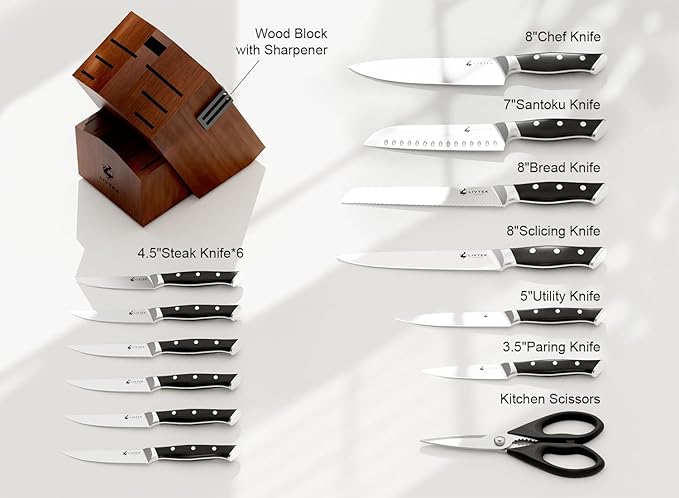 Livtek Knife Set with Block - Kitchen Knife Set German High-Carbon Stainless Steel with Built-in Sharpener - Full Tang, Triple-Rivet Ergonomic Handle - Holiday Gift Idea - 15-Piece, Falcon Series.
