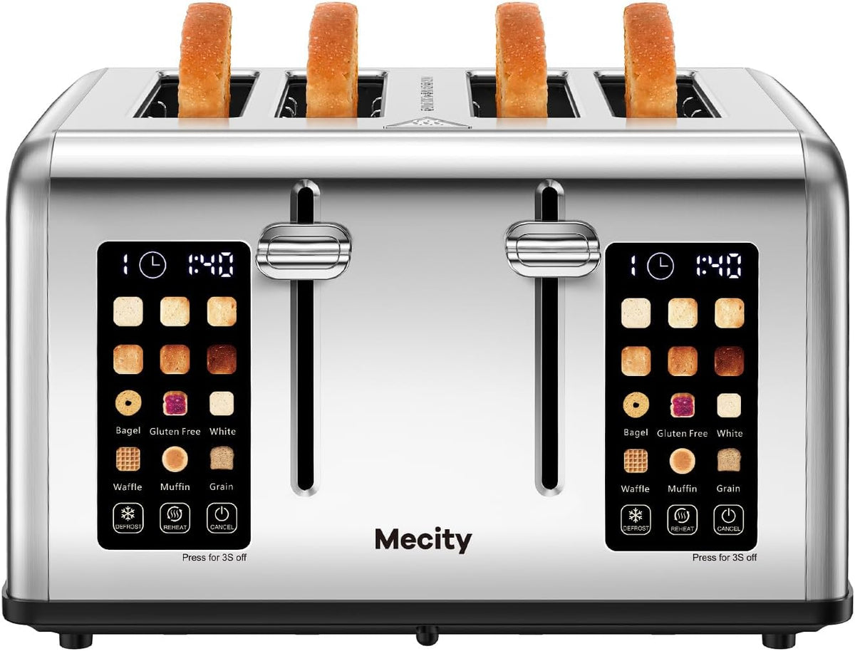 Mecity 4 Slice Toaster with Touch Screen Control, 4 Wide Slots, Stainless Steel Smart Bread Toaster for Bagels, Muffins, Waffles, Dual Control Panel, Timer, Defrost, Reheat, 120V 1650W
