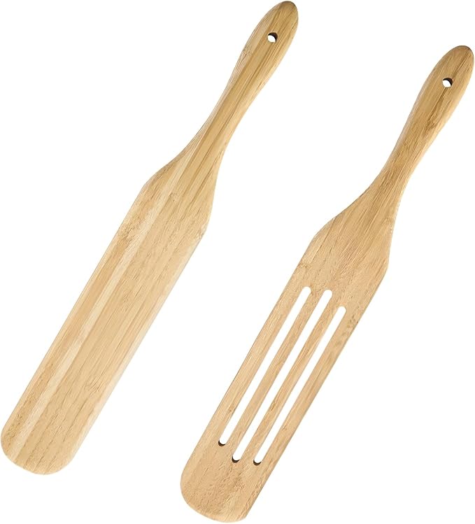 GEEKHOM Bamboo Spatulas, 13 Inch Wooden Kitchen Utensils, 2 Pack Wood Spurtle Set for Cooking, Slotted Wok Turners, Flipper for Nonstick Cookware Stirring, Serving Mixing Scraping