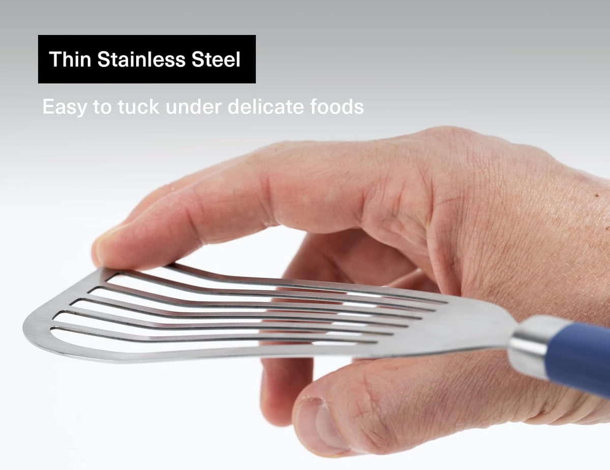 Misen Fish Stainless Steel Spatula - Slotted Turner for Cooking - Perfect for Frying - Heat Resistant - Dishwasher Safe -1mm Thick Flexible Flipper - Soft Silicone Grip Handle for Easy Use