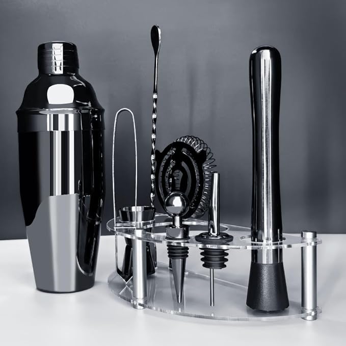 Cocktail Shaker Set with Stand, Cocktail Shaker Bartender Kit: Bar Tool Set, Drink Mixing Includes Martini Shaker,Strainer,Jigger,Bar Mixer Spoon,Muddler, Pourer, Bottle Stopper (Black)
