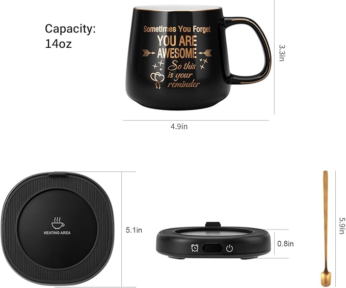 Coffee Mug Warmer & You are Awesome Mug Set, Electric Cup Warmer with Auto Shut Off, 4 Temperature Setting Smart Beverage Warmer, 8-Hours Auto Shut Off (Black Awesome Mug)
