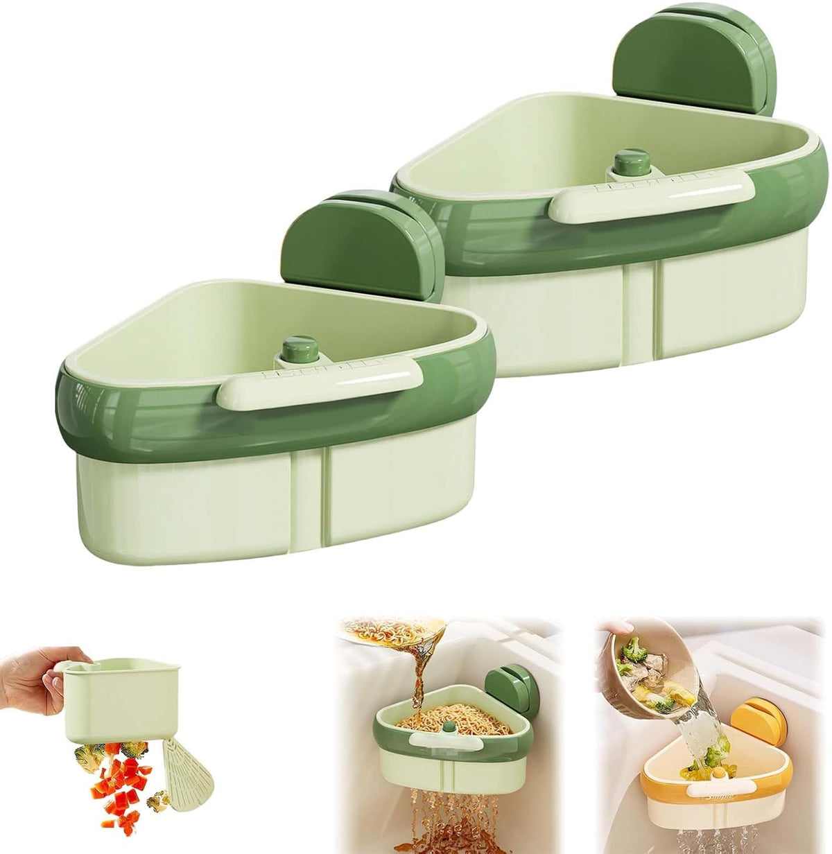 Corner Sink Strainer,2025 New Suction Cup Press Sink Strainer Basket,Automatic Dumping food Waste Catcher for Sink,Faucet Sponge Storage Rack,Corner Sink Trash Catcher for Food Waste (Green 2PCS)