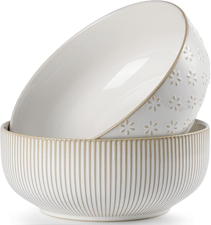 getstar Large Serving Bowls (8 inch & 60 fl oz), Ceramic Salad Bowl Set of 2, Microwave and Dishwasher Safe, Farmhouse Kitchen Decorative Bowls Set (Embossed Stripes & Stars)