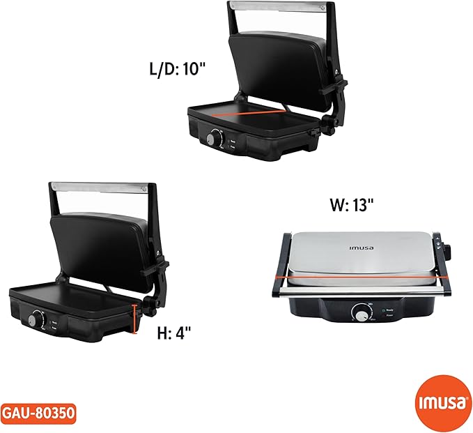 IMUSA Stainless Steel Panini Press Electric with Adjustable Temperature Settings and Nonstick Plates, 1200W