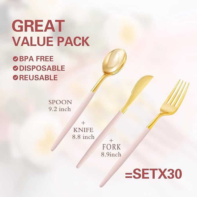 Rubtlamp 90Pcs Gold Plastic Silverware, Thanksgiving Gold Utensils Set With Pink Handles Include 30 Gold Knives, 60Plastic Forks and Spoons, Pink Silverware Heavy Duty For Thanksgiving