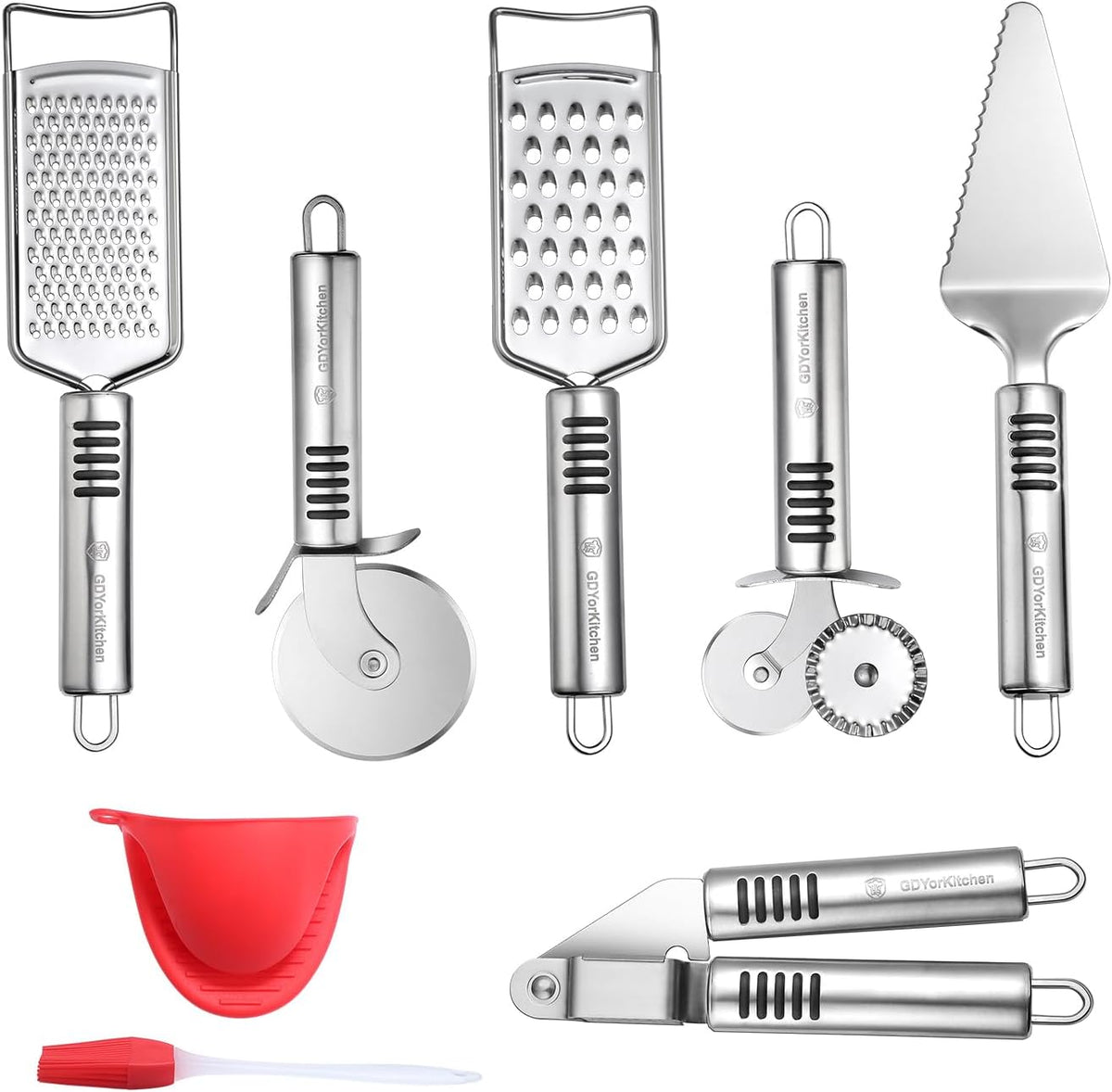 Pizza Cutter Set Stainless Steel Kitchen Gadget Set (6 PCS Set) - Includes Pizza Cutter Wheel, Chocolate & Cheese Grater, Serrated Pie & Cake Server, Garlic Press, Free Brush and Bonus Oven Mitt