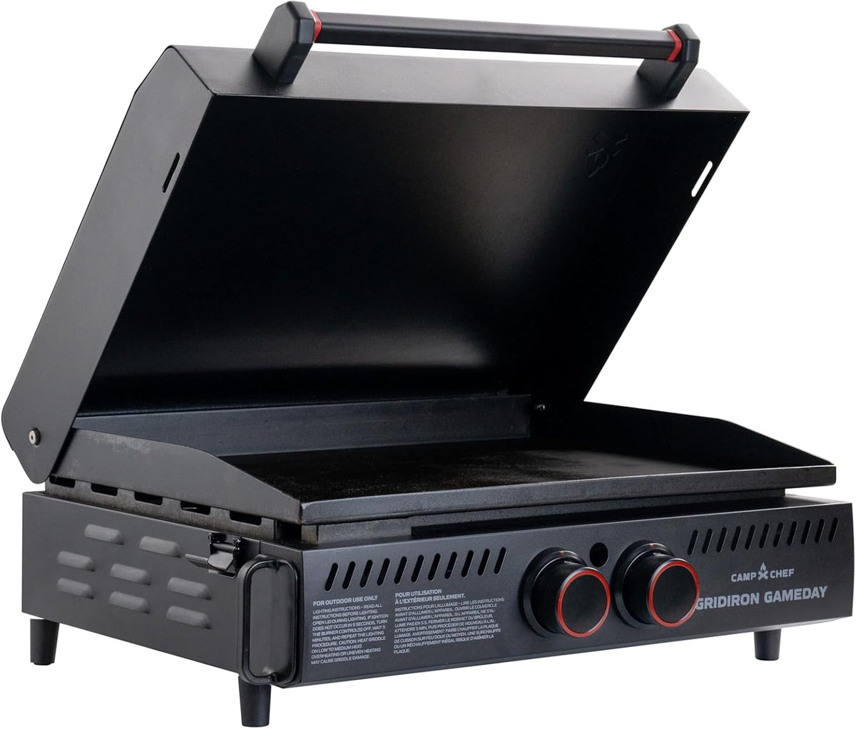 Gridiron Gameday 24" Flat Top Grill – Portable Tabletop Griddle with Hinged Lid, 24,000 BTUs, Flamethrower Ignition, Dual Heat Zones & Adjustable Legs for Tailgating, Camping, Outdoor Cooking