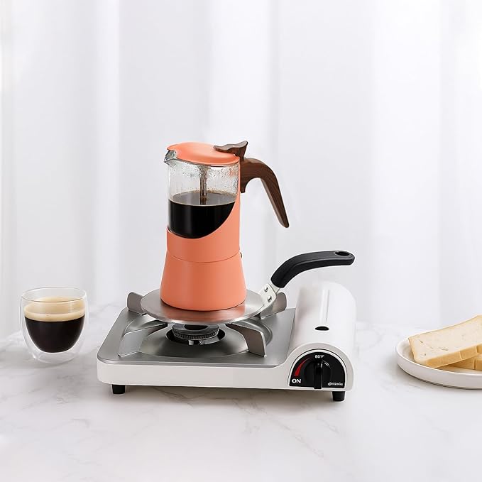 Glass Moka Pot for Stovetop & Induction - Italian Espresso Maker with Wood Handle & Leak-Proof Design - Comes with Induction Heat Diffuser Plate (6 Cup, Pale orange 240ml)