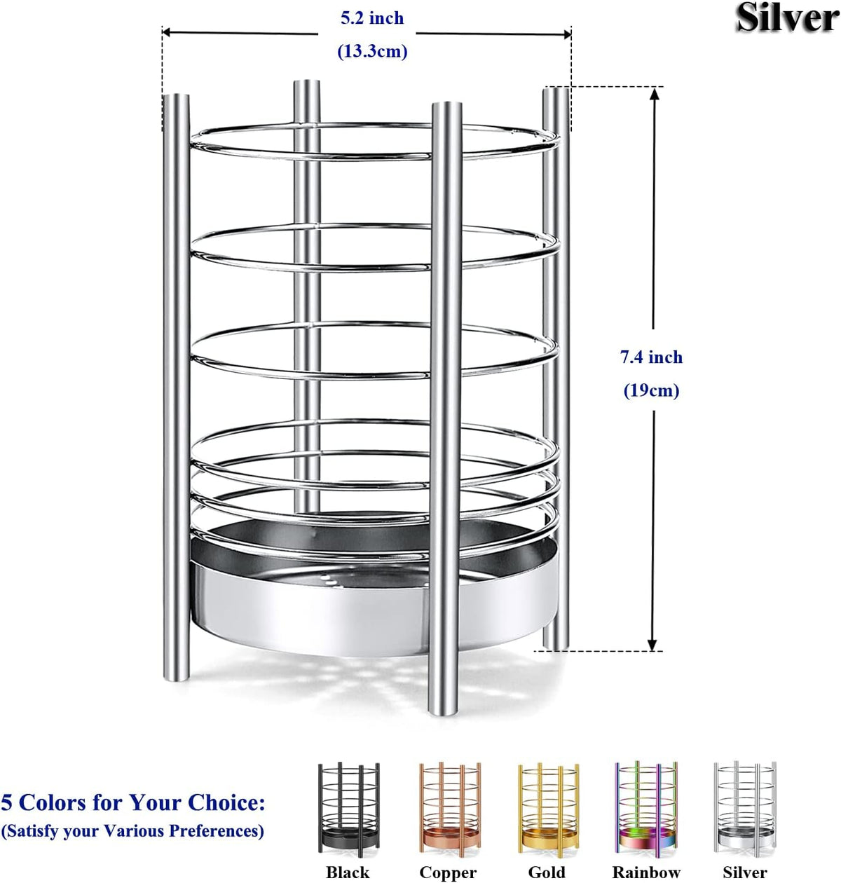 Kitchen Utensil Holder for Kitchen Counter, Stainless Steel Utensil Crocks, Utensil Storage Caddy Organizer, Cooking Utensil Holder, kitchen tools, Easy Cleaning (Silver/7.4''x5.2'')