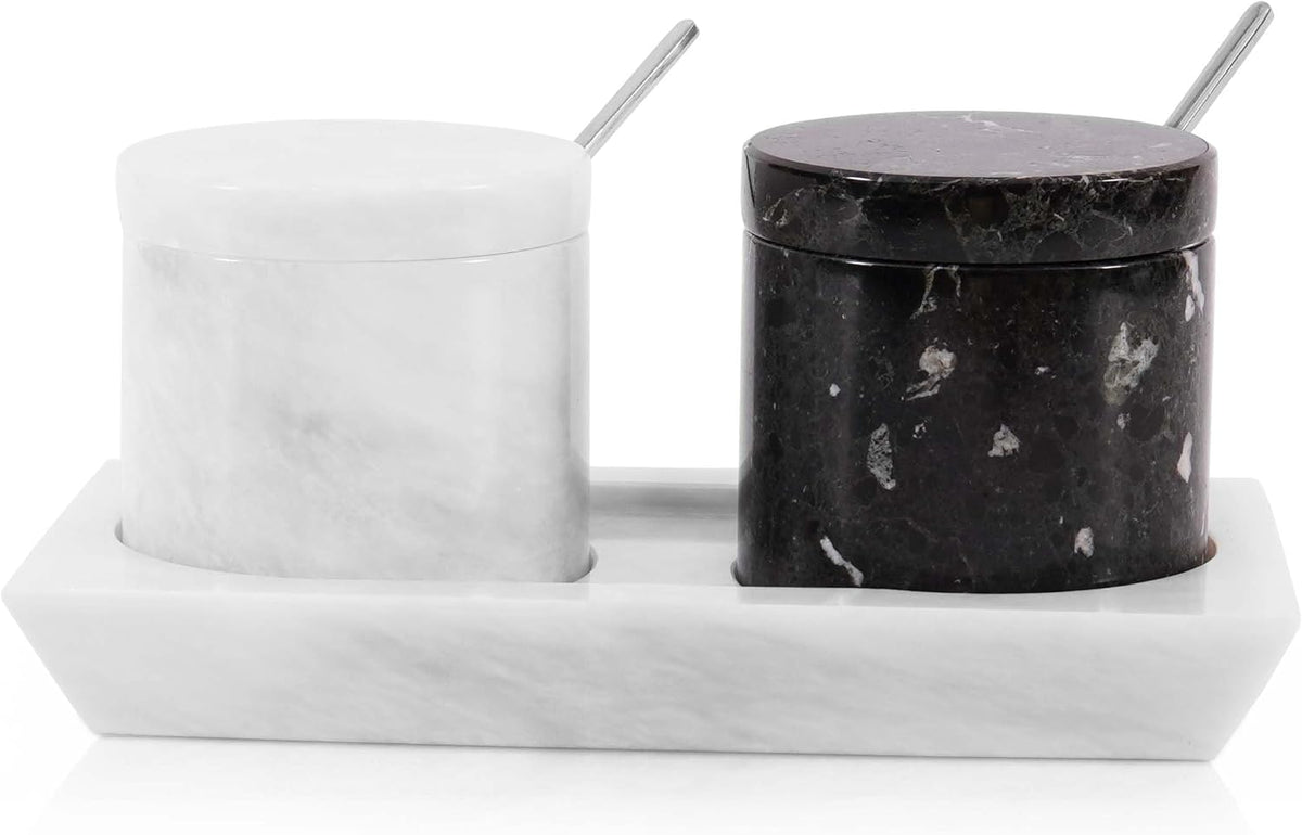 Radicaln Marble Salt Cellar With Lid and Tray 3" Inch Black and White Salt Container, Set of 2 Seasoning Jars, Spice Storage Container and Salt Bowl for Kitchen Countertop