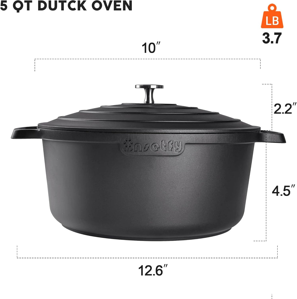 Nonstick Dutch Oven Pot with Lid-5 QT Cast Aluminum Oven Pot with Two Handles Lightweight for Bread Baking Braising and Roasting(Black)