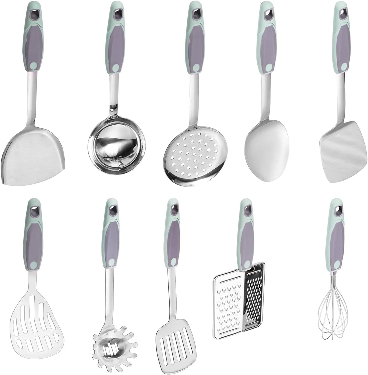 10PCS Cooking Utensils Set, Stainless Steel Utensils Set Non Slip Handle Heat Resistant Kitchen Cooking Tools Durable Metal Utensil Spatula, Spoon, Whisk, Ladle, Pasta Fork