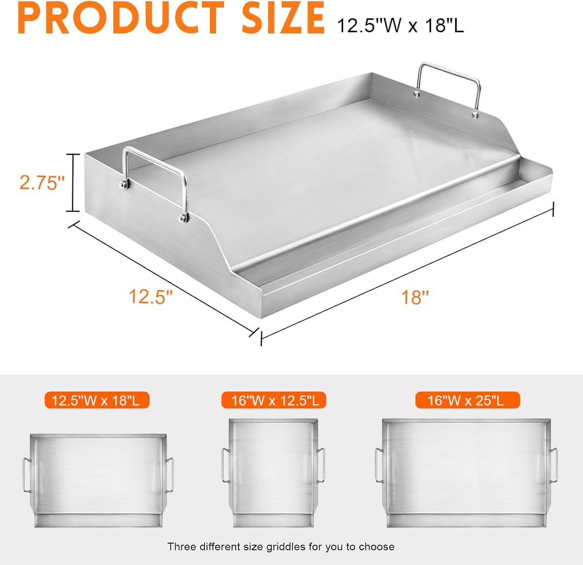 GGC Stainless Steel Griddle for Gas Grills, Universal Flat Top Griddle for Gas Stoves, Camping Stoves, 18" x 12.5" Nonstick Cooking Griddles for Charcoal, Tailgating, Parties