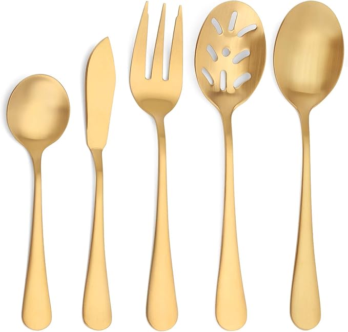 Matte Gold Serving Set，SHARECOOK 5-Piece 18/0 Stainless Steel Large Hostess Set with Round Edge, Satin Finished, Dishwasher Safe -Spoons, Forks,Butter Knife& Slotted Spoon