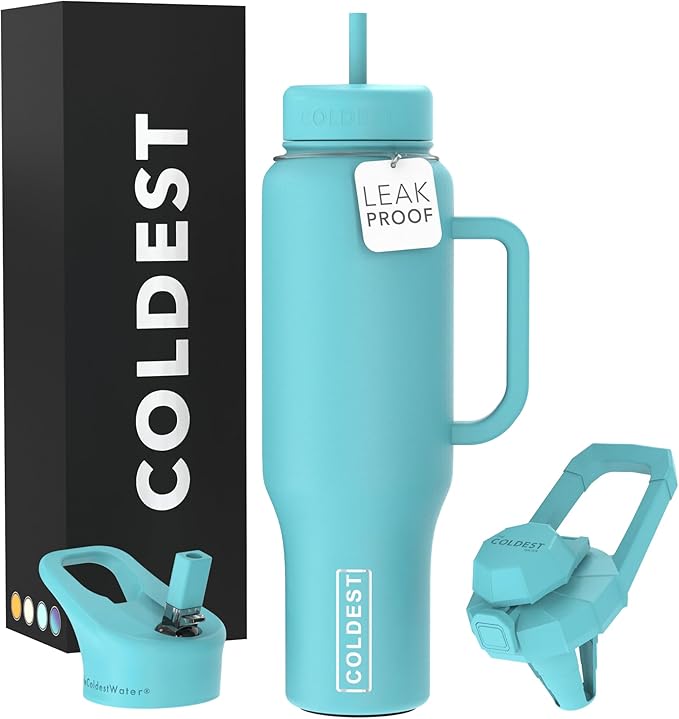 Coldest Tumbler with Handle and Straw, 100% Spill Proof Tumbler with Straw (3 Lids), Stainless Steel Insulated Leakproof Tumblers for Women Men, Cup Holder Friendly, 46 oz (Turtly Green)