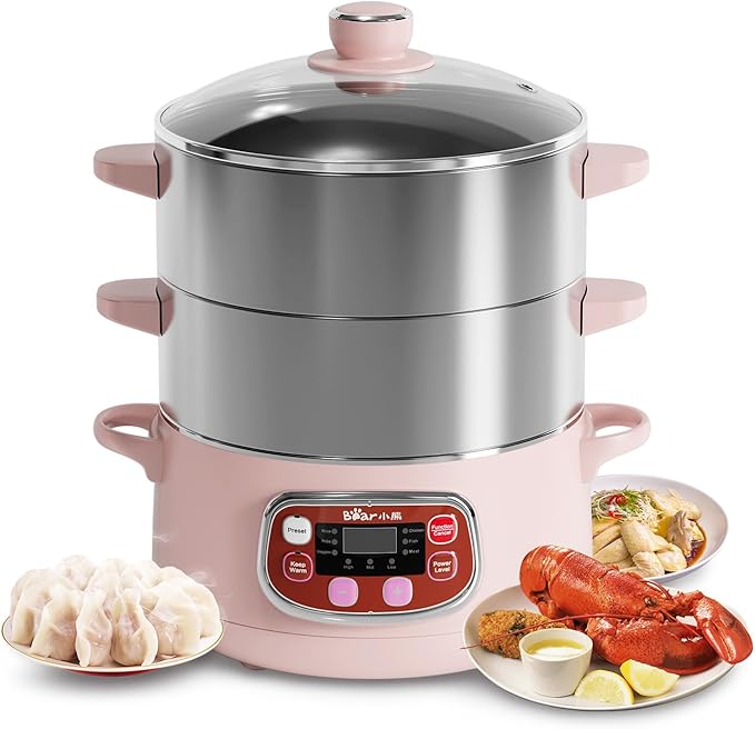Bear Electric Multifunctional Food Steamer, One Touch Digital Steamer with Timer, Vegetable Steamer 2 Tiered Stackable Stainless Steel Baskets, Auto Shut-off & Anti-dry Protection, 1200W, 8.5Quart