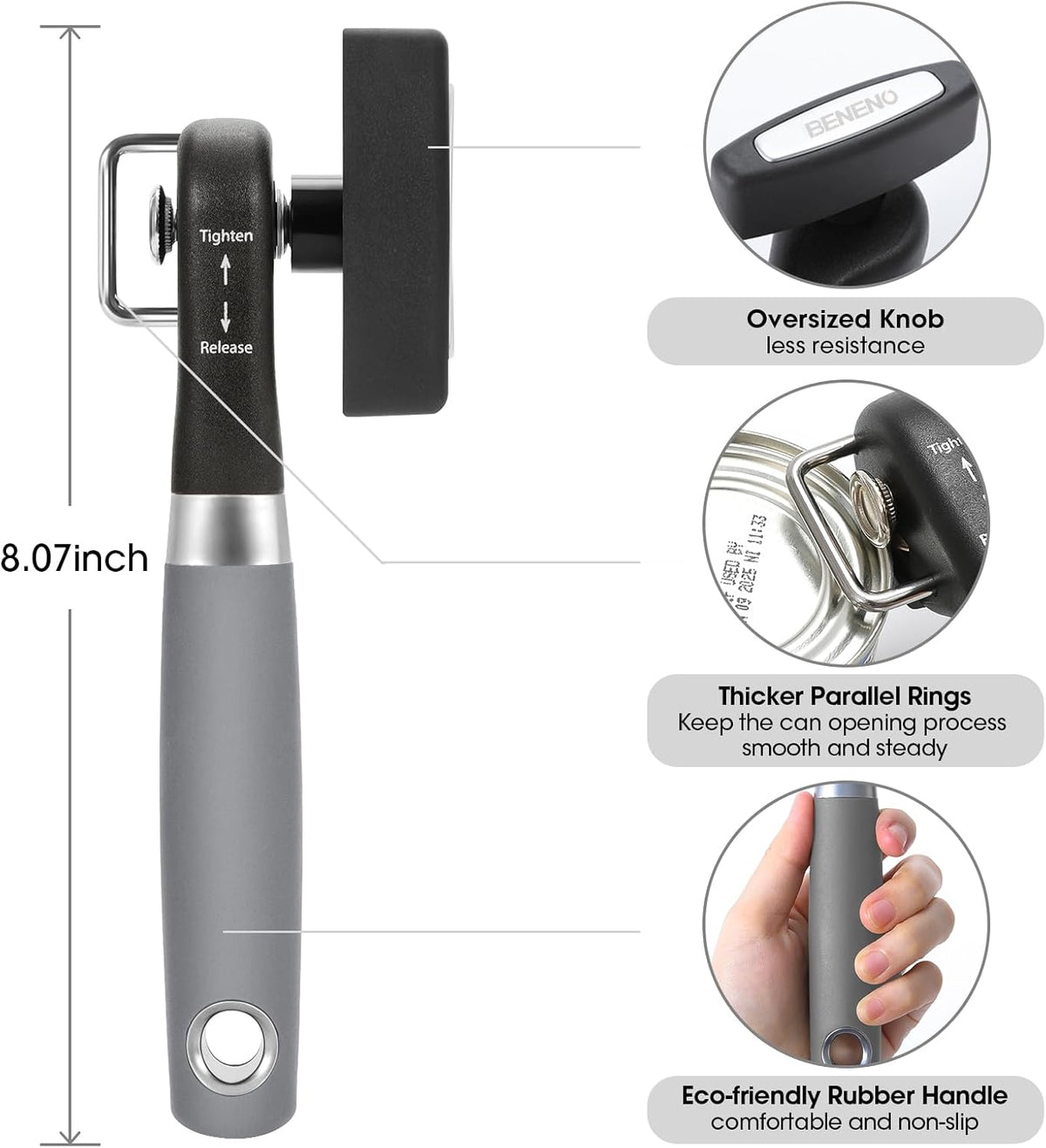Beneno Can Opener, Manual Side Safe Cut Can Opener Smooth Edge with Durable Sharp Blade, Effort-Saving Knob & Comfortable Non-slip Handle, Gray