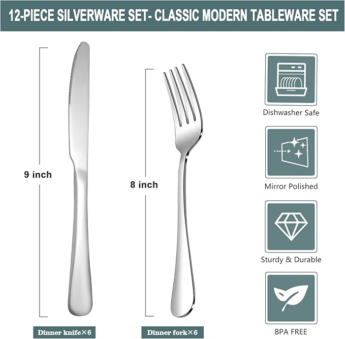 SANTUO 24 Pcs Silverware Set with 12 Dinner Knives and 12 Dinner Forks,Flatware Set with Top Food Grade Stainless Steel,Tableware Cutlery Set For Home Restaurant Hotel, Mirror Finish, Dishwasher Safe