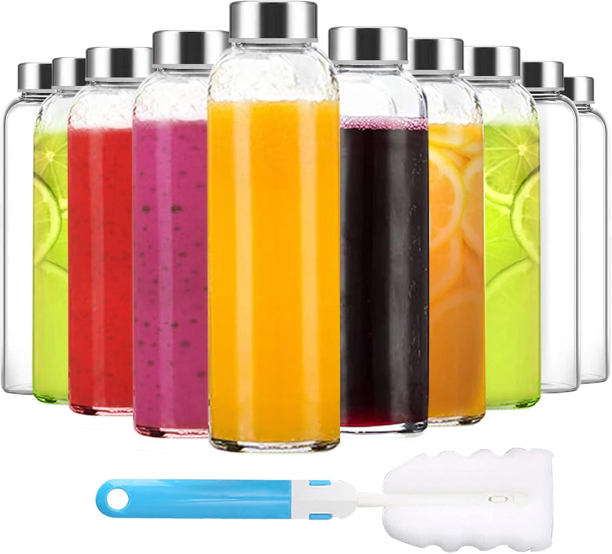 Clear Glass Bottles with Lids 18 oz, Reusable Glass Water Bottles with Stainless Steel Cap for Juicing, Refrigerator,100% Leak Proof, BPA Free, Juice Water Bottle Set of 10