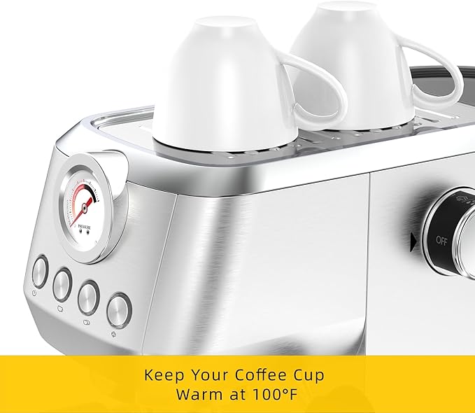 MAttinata CM1663 Espresso Machine, 20 Bar Compact Coffee Maker with Milk Frother Steam Wand for Cappuccino, Latte, Professional Pressure Gauge & 49oz Removable Water Tank for Home，Stainless Steel