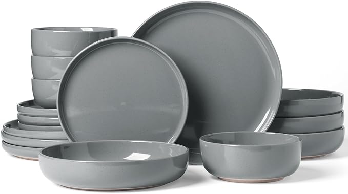 Famiware Milkyway Stoneware Dinnerware Sets with Pasta Bowls, Service for 4 (16 Pieces), Plates and Bowls Sets -Scratch Resistant, Microwave and Dishwasher Safe Dishes Set, Dark Gray