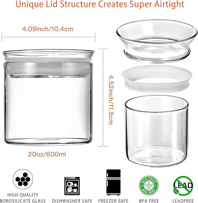 ZENS 17oz Glass Food Storage Jars Set of 6, Clear Glass Canisters Set with Airtight Lids, Small Storge Container jar for Kitchen Spice, Sugar Container, Blooming Tea, Snacks