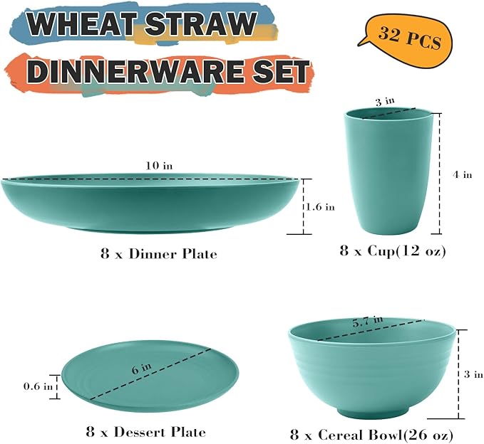 Wheat Straw Dinnerware Sets, 32 PCS Dishes Set for 8, Unbreakable Plates and Bowls Sets, Microwave Safe Dinnerware Set for Kitchen Outdoor Camping RV - Green