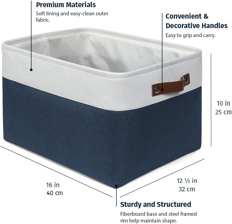 OrganiHaus Extra Large Fabric Storage Bins for Shelves 16x13in, Closet Storage Baskets for Shelf Organizing, Canvas Rectangle Bins for Organization, Linnen Baskets for Organizing - Navy Blue/White
