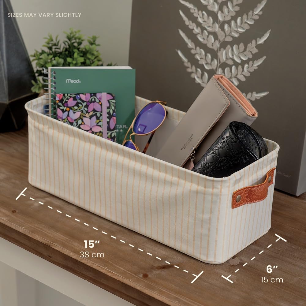 OrganiHaus Narrow Storage Bins 15x06in, Small Closet Bins for Shelves, Bathroom Storage Baskets, Narrow Baskets, Fabric Organizer with Handles, Toilet Paper Organizer - 2 Pack, White w/Brown Stripes
