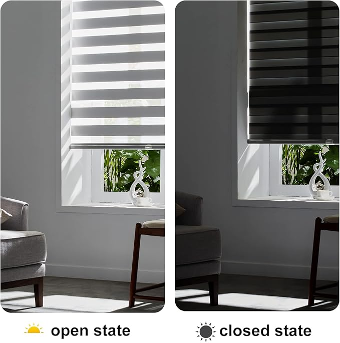 Persilux Zebra Blinds Cordless Blinds for Windows (55" W x 72" H, Grey) Dual Layer Zebra Shades, Light Control for Day and Night, for Home, Office, Bedroom, Living Room…