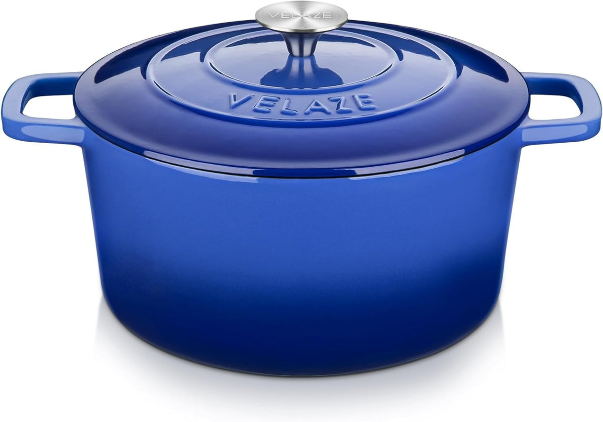 Velaze 6 QT Enameled Dutch Oven Pot with Lid, Cast Iron Dutch Oven with Dual Handles for Sourdough Bread Baking, Cooking, Non-stick Enamel Coated Cookware (Blue)