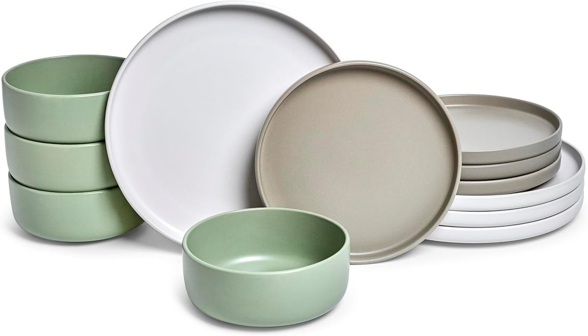 Sango Rollo Alta 12-Piece Modern Stoneware Dinnerware Set- Sage/Sand/White, Includes Dinner & Salad Plates, Cereal Bowls, Microwave & Dishwasher Safe, Highly Chip and Crack Resistant, Service for 4