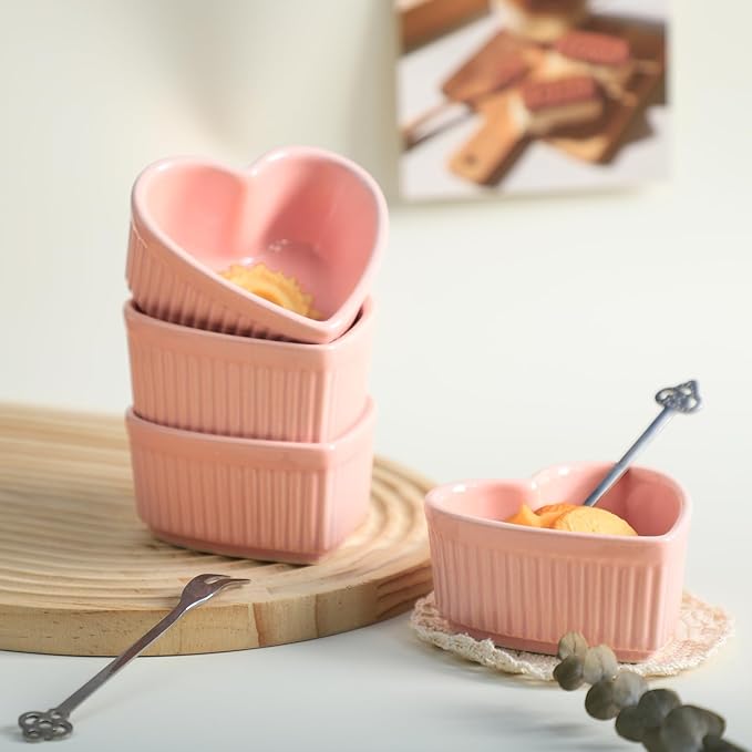 Sizikato Heart-Shaped Porcelain Souffle Dishes, Ramekins - 3.5 Inches for Souffle, Creme Brulee and Dipping Sauces - Set of 4