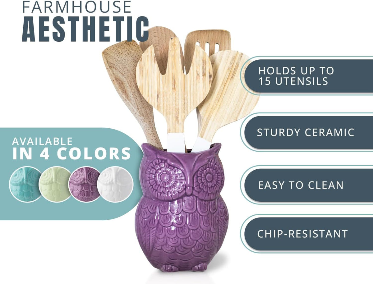 Comfify Owl Utensil Holder Decorative Ceramic Cookware Crock & Organizer, in Lovely Purple Color - Utensil Caddy and Perfect Kitchen Ceramic Decor Gift - 5” x 7” x 4” Compact & Cute