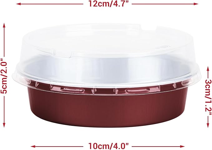 Beasea Disposable Mini Pie Tins with Lids, 100 Pack 4” 7.3oz 215ml Small Round Aluminum Baking Tart Foil Container for Individual Dessert Cupcake Cheesecake Ramekin Quiche Oven Dishes - Wine Red