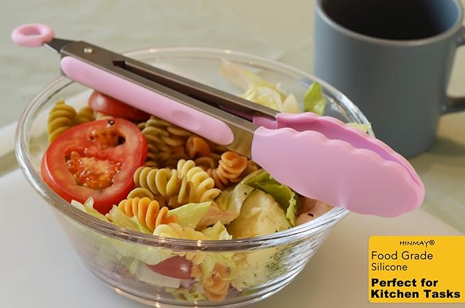 Serving Tongs with Silicone Tips 9 Inches Stainless Steel Food Tongs, Set of 3 (Pink)