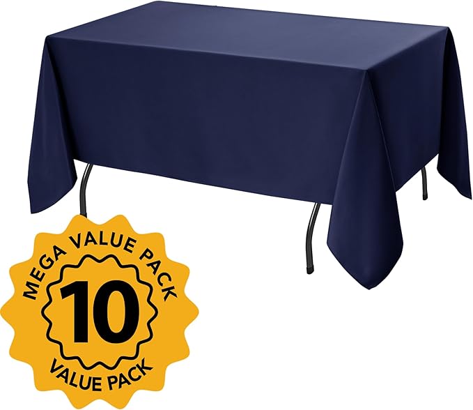 10-Pack Navy Blue Tablecloths for Rectangle Tables, 60 x 120 Inches, Stain-Resistant Polyester Fabric for 6 Foot Tables - Washable Table Covers for Weddings, Birthday Parties, Events