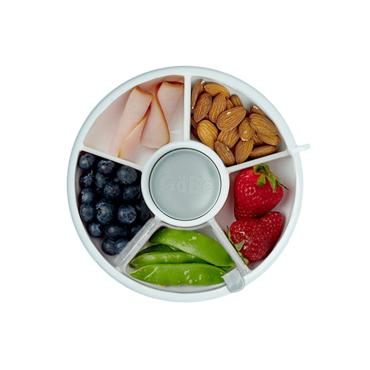 GoBe Kids Small Snack Spinner Flip Bundle with Hand Strap and Sticker Sheet - Reusable Snack Container with 5 Compartment Dispenser and Lid | BPA/PVC Free | Dishwasher Safe | No Spill- GoBe Grey
