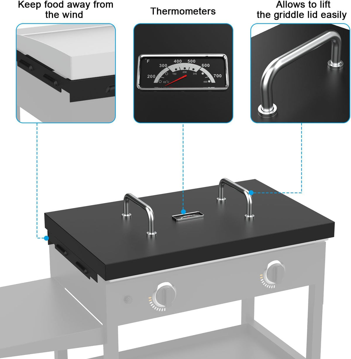 5003 Hard Top Lid Cover with Temperature Gauge and Wind Guards for Blackstone 28" Griddle, Flat Top Cover and Wind Screen Replacement Parts for Blackstone 28 inch Griddle Accessories