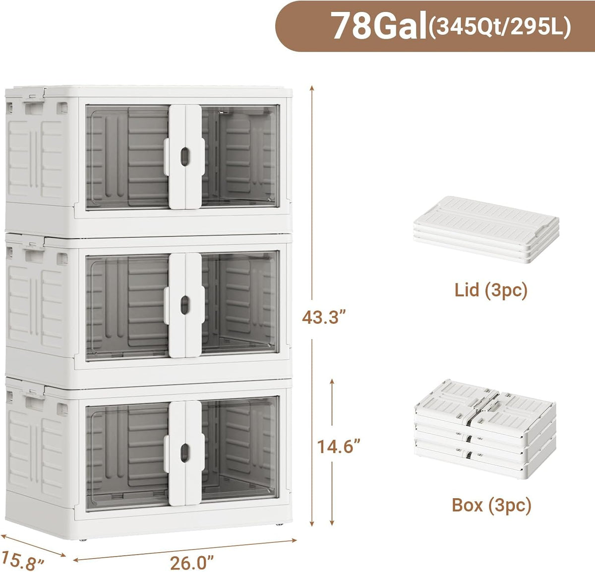 345Qt Stackable Storage Bins with Individual Lids & Wheels, Large Plastic Collapsible Latching Boxes Closet Organizers and Storage Cabinet Shelves Units for Home Kitchen Dorm, 3-Pack White